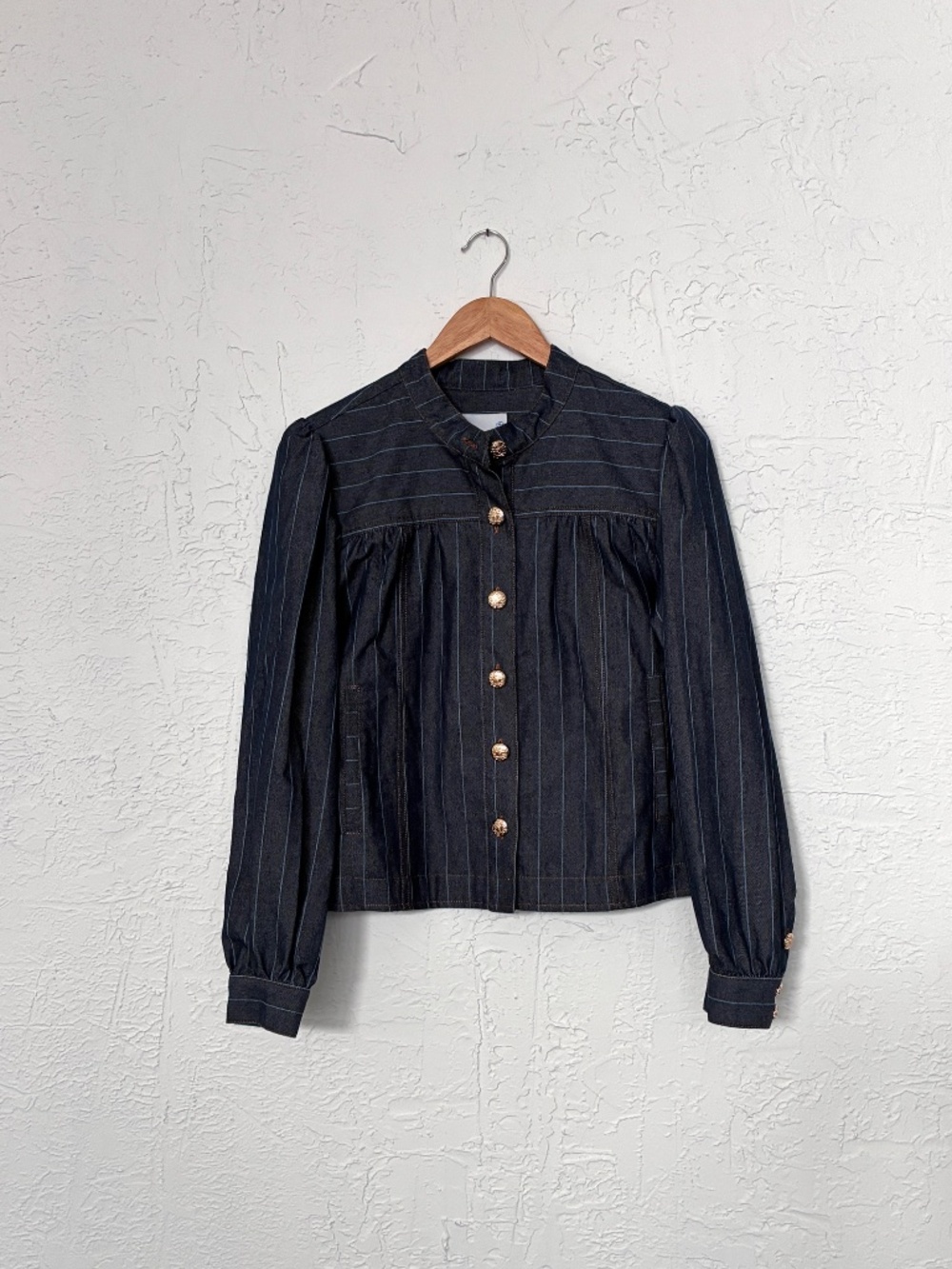 Cartolina Renata Cropped Cotton Utility Jacket in Denim Bluebell Stripe Sz Med